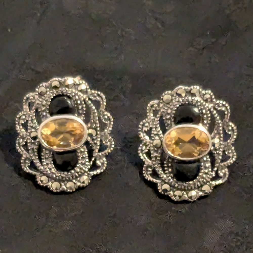 Marcasite Genuine Citrine Earrings Black Onyx 925 Solid Sterling Silver Earrings